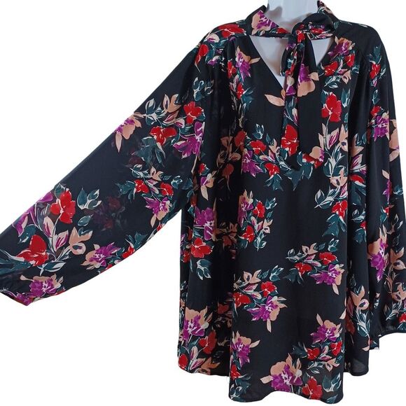EVRI 4X Floral Tie Neck Tunic Blouse Black Red Purple Long Sleeve Semi Sheer - Picture 5 of 9